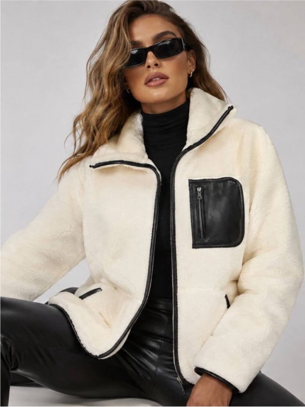 SPANX Cream Faux Shearling Jacket with Black Trim